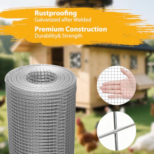 Hardware Cloth 16" x 50ft 19 Gauge, 1/2" Chicken Wire Fencing Galvanized Rust-Resistant, Wire Mesh, Poultry Animal Netting for Chicken Coops, Protective Barriers, Garden Fencing (Gloves Included) - size: 1/2" 16" x 50ft 16Ga
