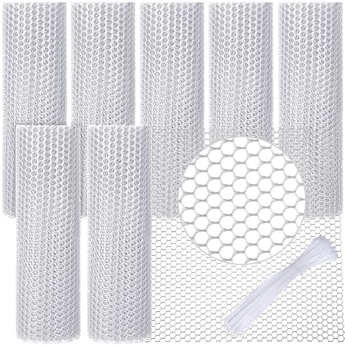 6 Rolls Plastic Chicken Wire Fencing Mesh 120 x 15.7 Inch Each Plastic Mesh Fence with Zip Ties Hexagonal Poultry Netting Garden Fencing Cat and Bird Netting (White) - color: White