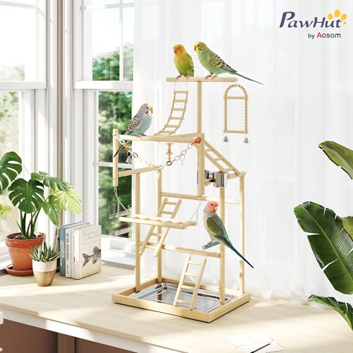PawHut Bird Playground 4 Layer Wooden Parrot Play Stand for Parakeets | Ladders, Chain Toy, Stainless Steel Cups and Tray, Bird Cage Accessories, for Cockatiels, Finches, Lovebirds, Budgie