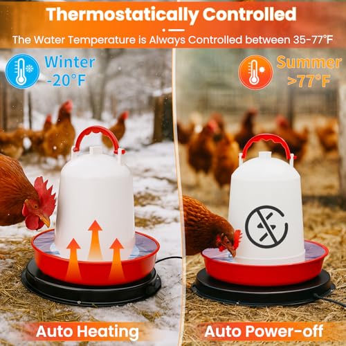 Chicken Water Heater for Winter, 11'' Heated Waterer Base for 1-5 Gallon Metal/Plastic Poultry Waterer, Built-in Thermostat (77℉ Auto Shut-Off), 110W Coop Heater with 6.6ft Power Cord