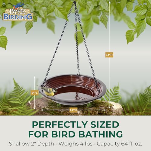 BYER OF MAINE Circles Hanging Bird Bath, Porcelain, Glaze Finish, Adjustable Chain, Sandy Granite, 14”x14”x34” adj - color: Sandy Granite