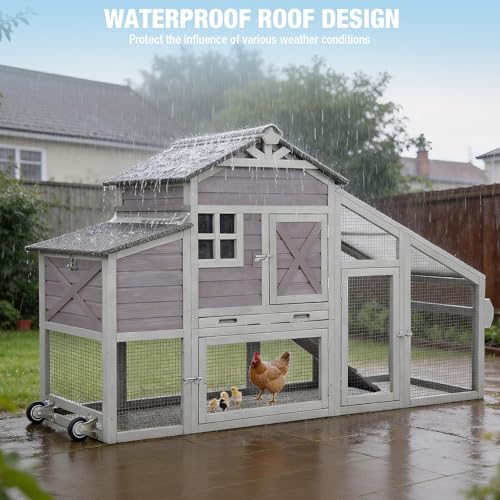 Large Chicken Coop with Wheels, Hen House with Run, Wooden Poultry Cage with Waterproof Roof, Leakproof Tray and Nesting Box, Rabbit Cage Bunny Hutch, Chicken Tractor for 4 Chickens (Grey) - color: Grey, size: 73.4"L x 27.9"W x 43.2"H