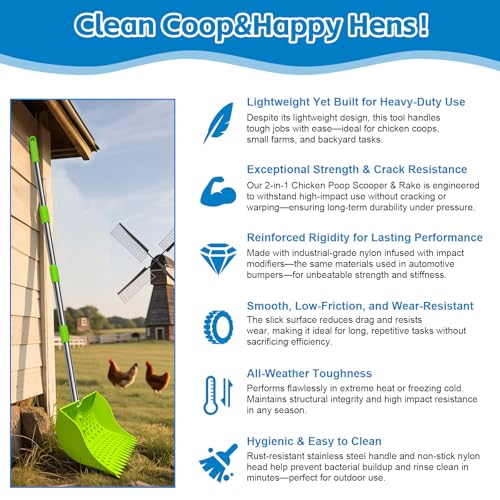 12" 2-in-1 Chicken Poop Scooper & Rake (US Patent No. D1124534), 3-Shape Sifting Holes Chicken Coop Rake, Stainless Steel Handle (20–61") - Litter Scoop Sand & Sifting Shovel (Green) - color: Green