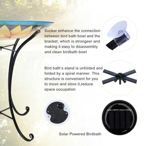 MUMTOP Outdoor Glass Bird Bath Solar Birdbath with Metal Stand Garden Decor | 18" Diameter 21.65" Height Outdoor Bird Baths for Lawn Yard Decor, Solar Large Birdbath Sunflower Bird Feeder - color: Yellow