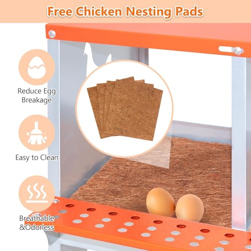 4-Bay Metal Nest Box for Chickens Wall Mount, Galvanized Steel Hen Laying Box with Hen-Shaped Vent Holes, Includes Coconut Fiber Pad, Easy to Clean & Assemble (Orange/Silver) - size: 42.5” L x 17” W x 15” H