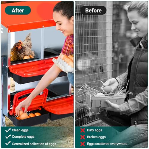Nesting Box for Chickens, 10 Hole Chicken Nesting Box, Galvanized Steel Roll Away Nest Boxes with Lid Cover and Legs, Poultry Nest Boxes for Chickens Laying Egg, Red