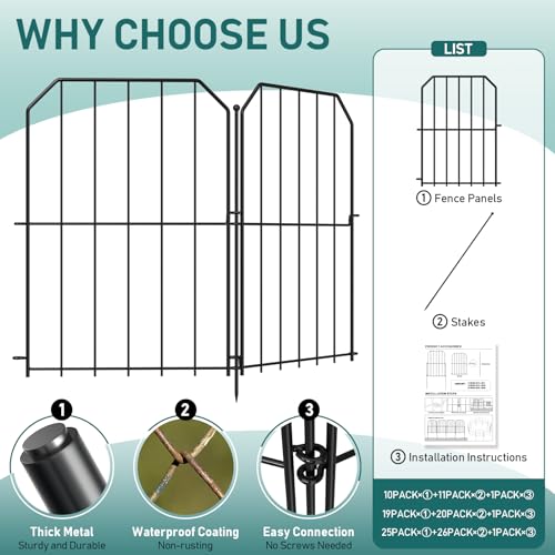Goovilla Garden Fence, Total 10ft(L) x 24in(H), 10 Pcs, Rustproof Metal | Garden Fencing Animal Barrier, Wire No Dig Fence Panels, Black Decorative Garden Fences and Borders for Dogs,Flower Bed,Patio - size: Square arch