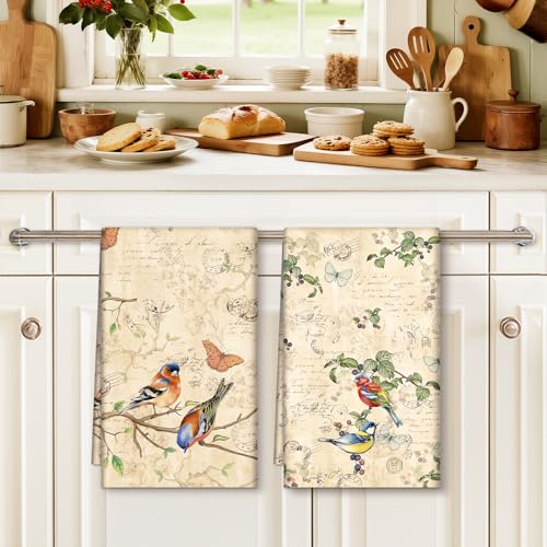 Vintage Birds Tea Towels, 100% Cotton Kitchen Towels, Set of 4 | 18.9 x 27.5 in / 48 x 70 cm, Lightweight Woven Dish Cloth with Retro Birds Print for Bird Lovers, Hostess Gift - color: Retro Birds