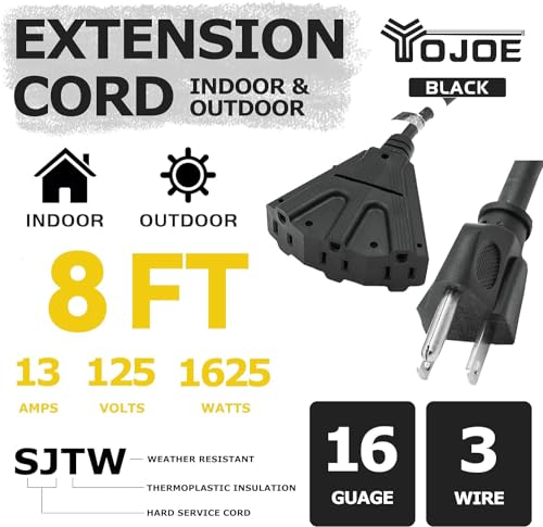 YOJOE 3-Outlet Indoor/Outdoor Extension Cord Multiple Outlets, 16 Gauge Heavy Duty 8 ft Black, 13A SJTW Weatherproof Power Cord with 3 Prong Grounded Plug, UL Certified - color: Black, size: 8 Foot, style: Standard