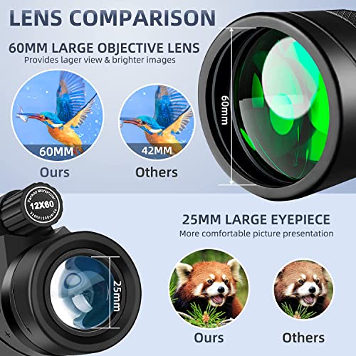 12x60 Monocular Telescope High Powered with Smartphone Adapter Tripod and Portable Bag, Larger Vision Monoculars for Adults with BAK4 Prism & FMC Lens, Suitable for Bird Watching Hiking Travel - color: Black Monocular