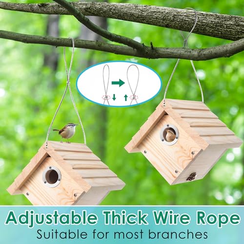 Dreyoo 2 Pack Wren House, 1-1/8'' Entrance Hole Hanging Wooden Wren Bird Houses for Outside with Metal Guard, Air Vents, Pine Wood for Chickadees (Wood Color) - color: Wood Color