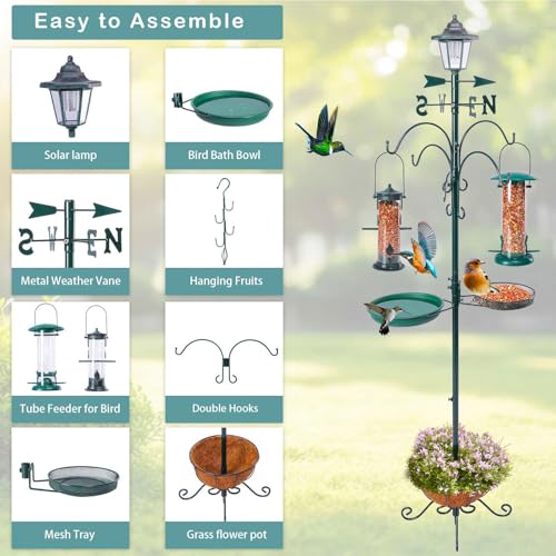 Yinns 58 Inch Outdoor Bird Feeder Pole with Bird Bath and Solar Light | Outdoor bird feeding station, 2 hanging feeders, bird bath, mesh tray, flower basket, weather vane, solar lantern - color: A-58inch Green