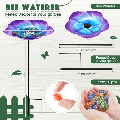 Tandefio 2 Pack Bee Watering Station Metal Butterfly Water Feeder Cup with 60 Colorful Glass Marble Vivid Flower Butterfly Bee Bath Bowl for Outdoor Garden Yard Decor(Blue Purple)