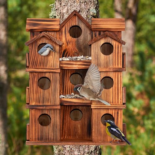 MIXUMON Wooden Bird Houses for Outside – 15 Rooms Multi-Chamber Bird House, Carbonized Pine Rustic Finish, 1.57" Entrance Holes, Individual Cleaning Doors, Decorative Outdoor Bird Nesting Box