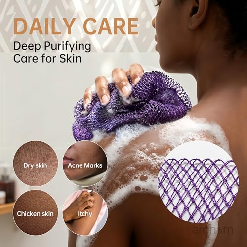 ARCH&M African Exfoliating Net Sponge Authentic, 53" Extra-Long Loofah | Quick-Dry Mesh Body Scrubber, Smoother Skin, Women and Men Daily Use, Gentle for Sensitive Skin, Travel Spa Gifts - color: Black