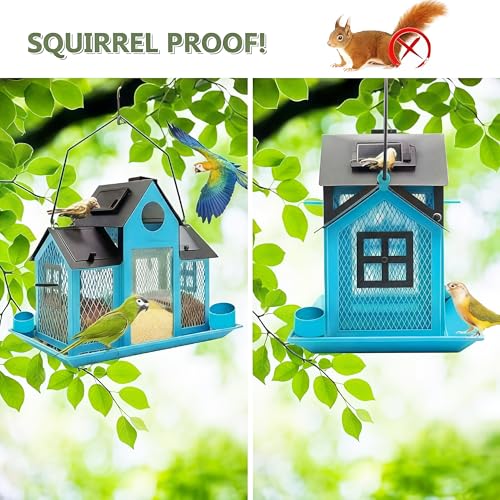 Solar Bird Feeders House for Outside Hanging, Metal Wild Bird Feeder for Outdoors Large Capacity Cardinal Birdfeeder Birdhouses Metal Bird Feeding Station Blue - color: blue
