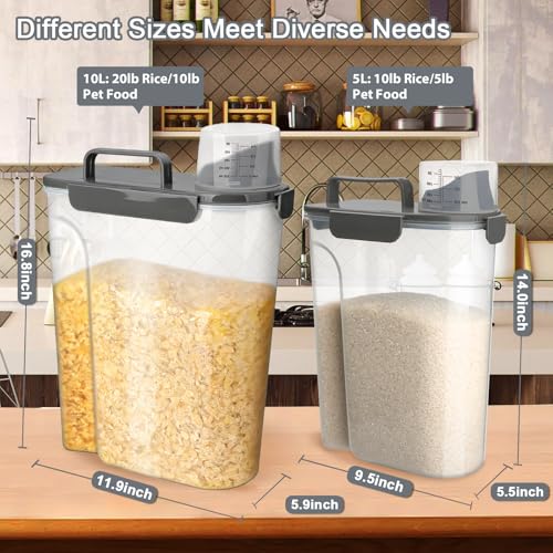 Rice Storage Containers, Airtight Cereal Containers Storage 20+10 lb Extra Large, BPA Free Rice dispenser with Pouring Spout, Pet Dog Cat Bird Food Container - color: 10lb+20lb grey