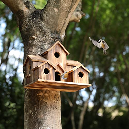 Bird Houses for Outside Hanging,6 Hole Wooden Bird Houses Largel Bird House for Backyard/Courtyard/Patio Decor Hummingbird House