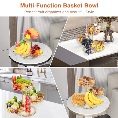 Livabber Fruit Basket Bowl with Banana Hanger, Fruit Vegetable Storage Basket with Banana Tree Holder for Kitchen Counter, Detachable Organizer for Bread Snack Produce (Gold, 3-Tier Metal Base) - color: Gold, style: 3-Tier Metal Base