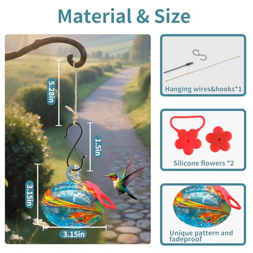 Pozfun Small Hummingbird Feeders for Outdoors Hanging,Hand-Blown Glass Hummingbird Feeder with Silicone Feeding Perch,Never Leak,Gardening Gifts for Woman Man(Blue) - color: Blue