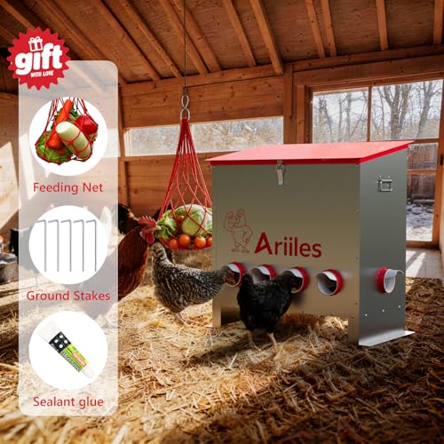 Automatic Chicken Feeder Box, 120lb Capacity, 10 No-Waste Ports, Metal Poultry Feeder with Covered Lid & Elevated Stand, Feed Dispenser for Chickens, Ducks & Backyard - size: 120 LB