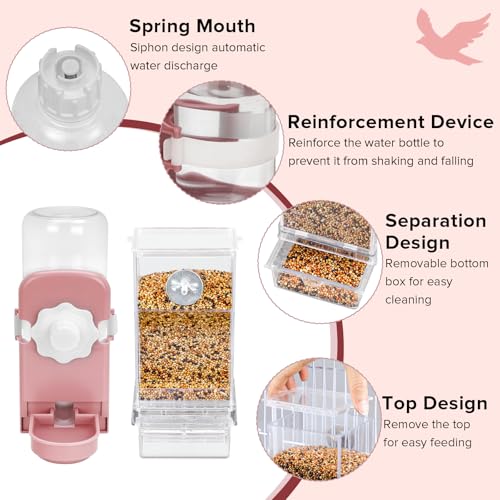 Lemtrflo No Mess Bird Feeder Water Dispenser Set, Automatic Bird Feeder | Parrot, Parakeet Cage Accessories - color: pink