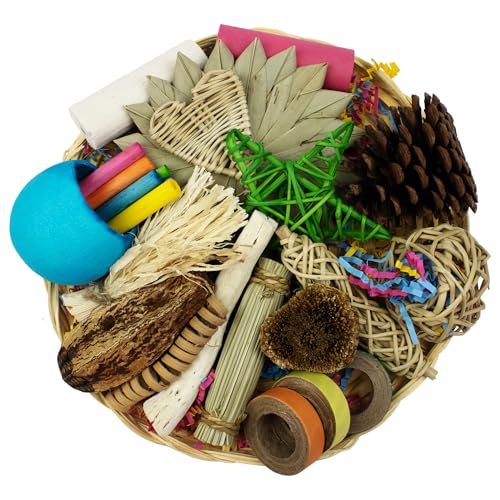 Super Bird Creations SC228 Bunny Foraging Basket - Toss & Chewable Bamboo Plate w/ 25 Engaging Toys - Ideal for Rabbits Hamsters Cockatiel Parrot - Bundle Toys for Medium Birds & Small Animals, 9"x9"