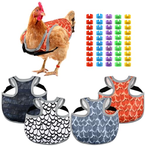 4 Pack Chicken Saddle for Hens, Adjustable Hen Apron with Elastic Straps for Poultry Back Protector, Waterproof Chicken Aprons Vest Jacket for Feather Loss & Mating, 50 Foot Rings