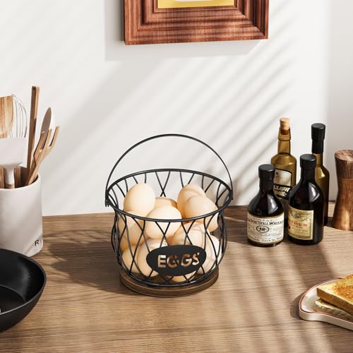 YINMIT Chicken Egg Basket, Round Egg Collecting Basket for Gathering Fresh Eggs, Farmhouse Wire Egg Basket with Handle, Egg Collector with Heavy Base for Kitchen Countertop