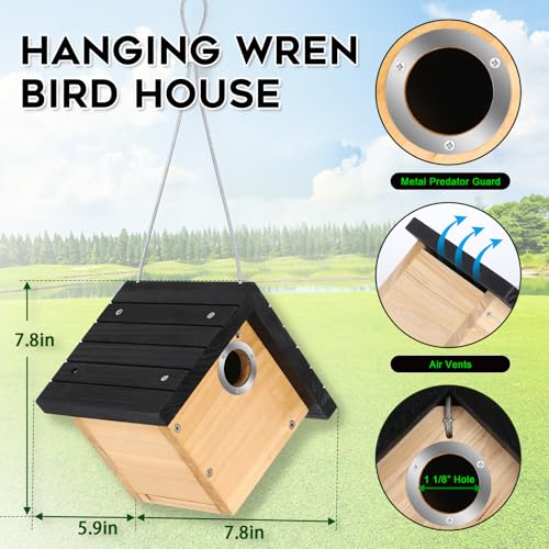 Gtongoko Hanging Wren Bird Houses for Outside with 1-1/8" Entrance 2 Pack | Wood Nesting Box with Metal predator guard, Climbing Grooves, Clean-Out Door, Air-Vent for Wrens & Carolina Wrens - color: Black-2 pc
