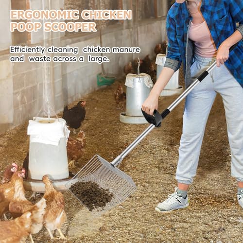 Chicken Poop Scooper with Ergonomic Grip | 15-inch Large Sifting Head, Adjustable Length 24 to 70", Stainless Steel, for Chicken Coop/Goat Stall/Stable Cleaning