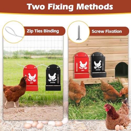 2 Pack Chicken Grit and Oyster Shell Feeder, Metal Oyster Shell Feeder with Visual Window and Lid, Hanging Gravity Chicken Grit Feeder, Chicken Coop Accessories for Healthier Hens and Eggs
