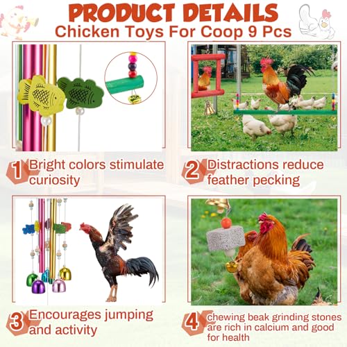 VioraWhite 9 Pcs Chicken Toys for Coop, Wind Chime, Chicken Mirror Toys with Bells, Beak Grinding Stones Swing Vegetable Net Bag, Vegetable Fruits Hanging Fork for Hens Bird Parrot