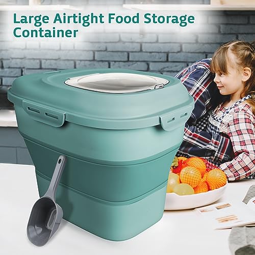 Rice Storage Bin Cereal Containers, 13-50lb Collapsible Rice Container Dispenser with Transparent Lid, Rolling Wheels, Measuring Cup and Scoop, Airtight Dog Cat Pet Food Storage Container Green - color: Green