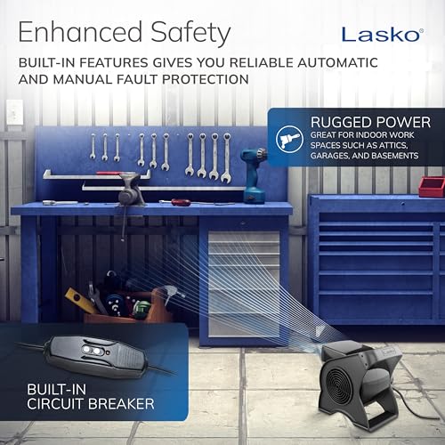 Lasko Pivoting High Velocity Portable Utility Fan - 12" - U12104 - Black | Adjustable Air Mover Blower Fan for Bedroom, Office Desk, Garage, and Home, With 2 Outlets 120V, 3 Speeds