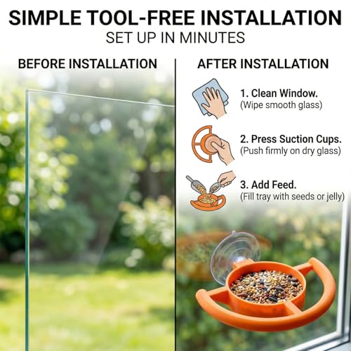 Window Bird Feeder with Strong Suction Cup, Vibrant Orange Bird Watching Feeder for Wild Birds, Easy to Clean Tray and Curved Perch, Perfect Bird Watching Gift for Garden & Home (1Pcs)
