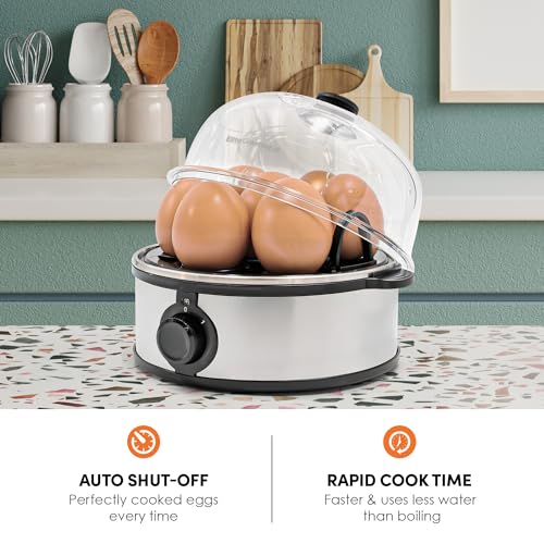 Elite Gourmet EGC724SS Egg Boiler Cooker, 7-Egg Poacher/Omelet Maker, Steel | Cooks soft, medium, or hard-boiled eggs, also scrambles - auto shut-off with buzzer - measuring cup included - BPA-free - color: Stainless Steel, size: 7 Egg