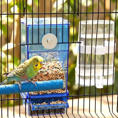 Novabright 7 Pcs No Mess Bird Feeder Water Dispenser Set Include Automatic Parakeet Feeder and Drinker with Bird Paw Grinding Stick Cage Accessories for Small Medium Cockatiel Lovebird(Classic,Blue) - color: Blue, style: Classic