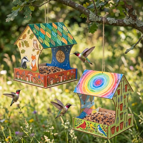 DoubleFill 6 Pack Wooden Bird Feeder Kits, DIY Bird House Kits, Build and Paint Craft for Adults, Unfinished Birdhouse Wood Craft for Educational Fun Art Outdoor Activities Gift