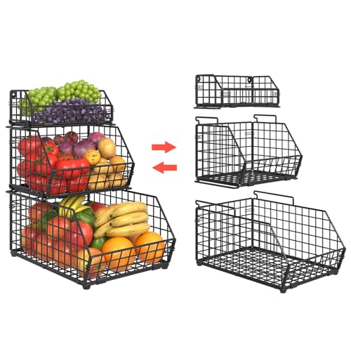 3-Tier Fruit Basket for Kitchen Counter, Stackable Wire Baskets Wall, Potato and Onion Storage Bins, Pantry Organizers, Pantry Storge and Storage for Potato, Onion, Produce, Fruit, Vegetable, Snack