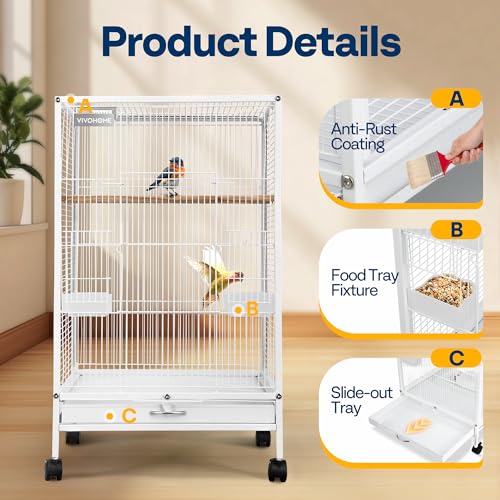 VIVOHOME Wrought Iron Bird Cage with Rolling Stand, 30 Inch Height | Standing Bird Flight Cage with Casters, Slide-out Tray for Parakeets Cockatiels Lovebirds Canaries Finches Conures, Whtie - color: White