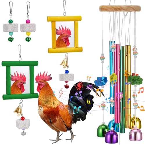 VioraWhite 7 Pcs Chicken Toys, Hanging Chicken Wind Chime, 2 Pcs Coop Mirror Toys with Bells 4 Pack Beak Grinding Stones, Musical Coop Accessories for Hens Roosters Chicks Poultry Birds(Yellow，Green) - color: Yellow，green