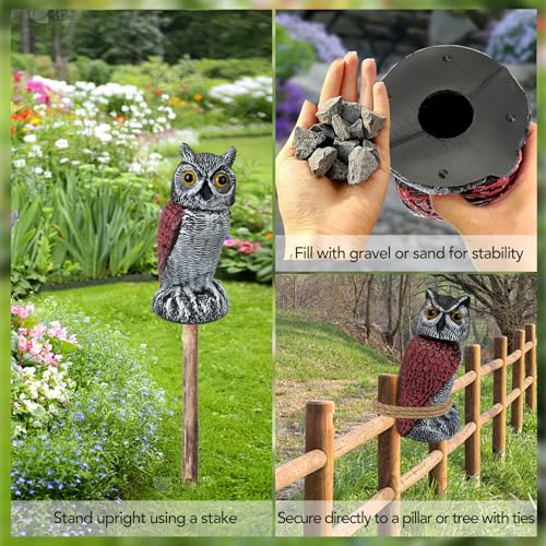 3-Pack Fake Owl Decoys to Scare Birds Away, Rotating Head Plastic Owl Bird Deterrents, Nature Enemy Scarecrow Plastic Statues, Pest Repellent for Gardens and Patios