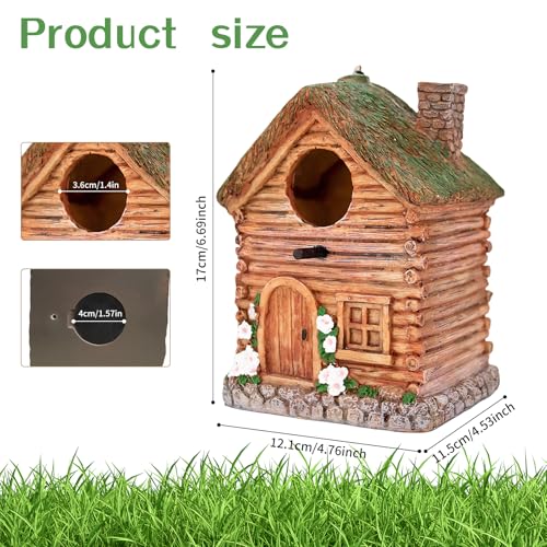 LAUGOKEBE Bird House for Outside, Rustic Cottage Hanging Birdhouse, Hand-Painted Resin Decorative Bird Nesting for Outdoors for Bluebird Finch Cardinals, Sparrow, Garden, Patio, Yard