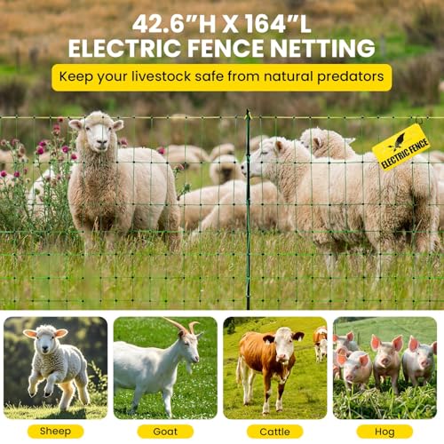 Rintea Electric Fence Netting, 42.6 in H x 164 ft L, Livestock Fence | Portable PE livestock net with 14 double-spike posts for sheep, goats, hogs, cattle and dogs; energizer not included