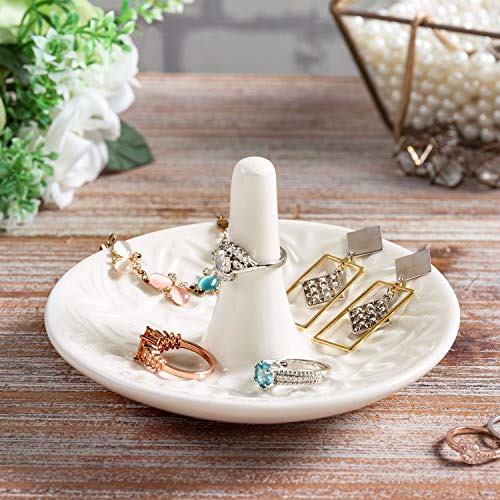 MyGift Decorative White Ceramic Ring Tray for Jewelry, Ring Cone and Trinket Tray with Raised Heart Design - color: White