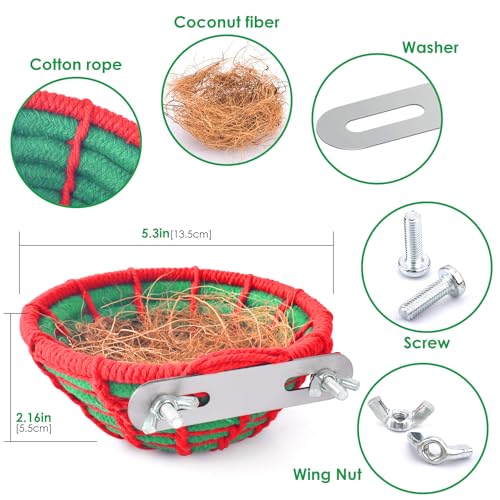 KATUMO Bird Nest, 5.3in Cockatiel Breeding Nest Parakeet Bed with Natural Coconut Fiber Bedding for Budgie, Parakeet, Cockatiel, Conure, Lovebird, Canary, Finch, Small Birds - color: Green+Red