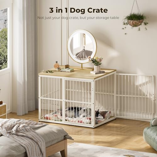 Lyromix 43'' XL Dog Crate Furniture with 3 Doors for Medium to Large Dogs | Wooden Kennel End Table, Heavy Duty Indoor Cage for Golden Retriever Labrador, Multiple Units Can be Combined, Natural Beech - color: Natural Beech, size: 43.3"L x 29.9"W x 33.1"H