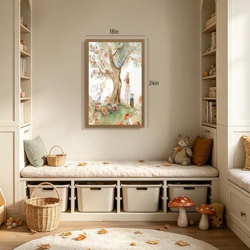 RLKHG Wood Framed Cottagecore Mouse Wall Art, Whimsical Autumn Harvest Nursery Decor, Woodland Mice Apple Orchard Poster Print, Vintage Watercolor Animal Artwork for Kids Room Bedroom 16x24 Inch - color: Apple, size: 24"L x 16"W