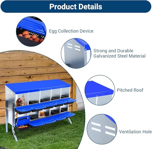 10-Hole Chicken Nesting Box with Removable Lid, Metal Chicken Coops with Roll Away Design/Easy Egg Collection/Ventilation Holes, for Chickens Coops, Duck and Hens - color: Blue, size: 10 holes with legs